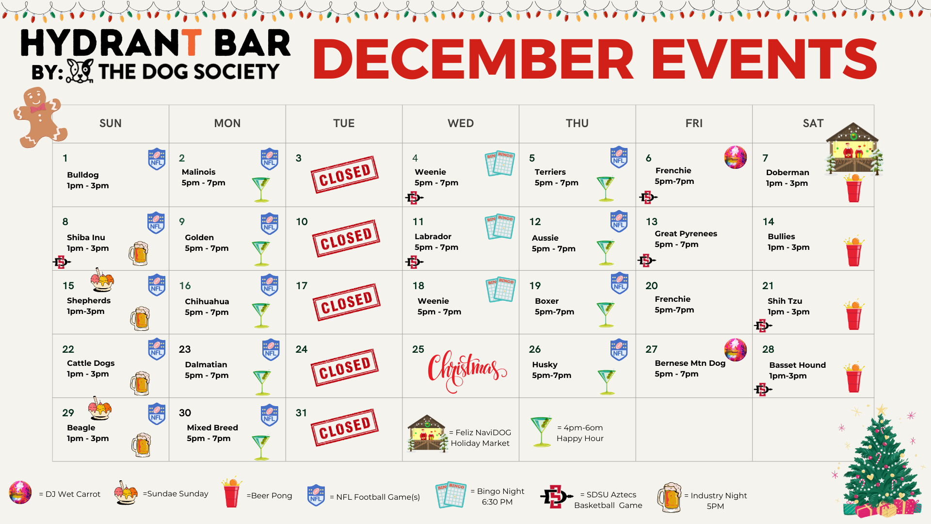 December event calendar for the dog society